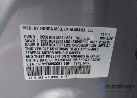 2016 Honda Pilot Touring from USA, damaged, VIN 5FNYF6H9XGB113604